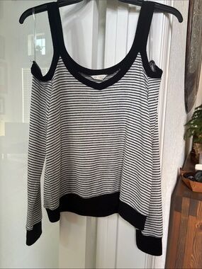 Aeropostale Striped Cold Shoulder Sweater - Black & White Size M